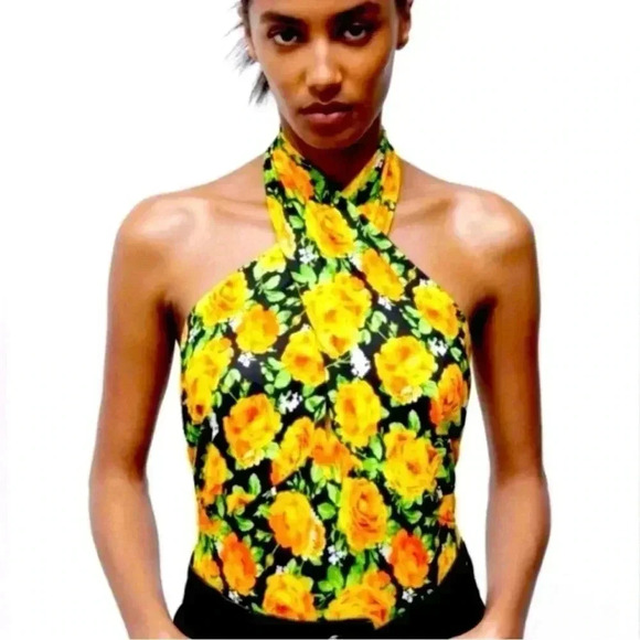 ZARA Cross Front Halter Bodysuit Yellow Roses Floral Print Size M NWT - Picture 1 of 11